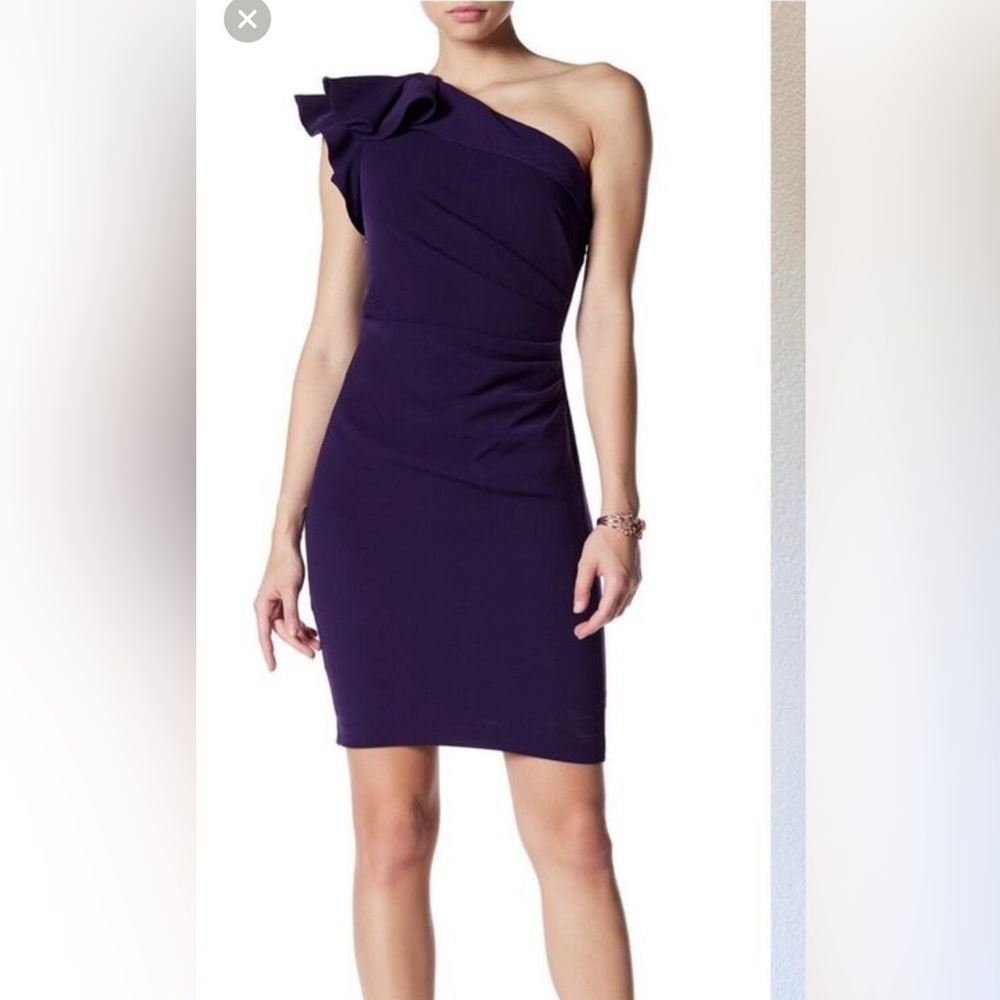 Carmen Marc Valvo One-Shoulder Navy Dress